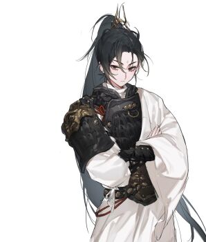 Rule 34 | 1girl, androgynous, armor, belt, black armor, black belt, black eyes, black hair, breastplate, chinese commentary, closed mouth, commentary request, cowboy shot, crossed arms, curtained hair, earrings, expressionless, facial mark, forehead mark, gebijiade 89, headpiece, high ponytail, highres, jewelry, long hair, long sleeves, ponytail, reverend insanity, scale armor, shoulder armor, simple background, solo, standing, stud earrings, studded belt, tie ruo nan, very long hair, white background