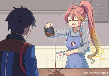 1boy 1girl :d apron black_hair blonde_streaks blue_apron blue_shirt closed_eyes coffee_mug coffee_pot commentary cropped_legs cup double-parted_bangs drinking_glass eiyuu_densetsu english_commentary hair_between_eyes high_ponytail highres holding holding_coffee_pot holding_cup judith_lanster ko-fi_username kuro_no_kiseki_(series) long_hair long_single_sidelock long_sleeves mug multicolored_hair naisu_(nai_su01) open_mouth pink_hair ponytail pouring shirt short_hair single_sidelock smile sparkle streaked_hair upper_body van_arkride very_long_hair watermark web_address