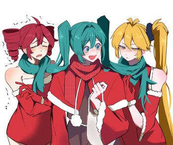 3girls :< akita_neru blonde_hair christmas closed_eyes closed_mouth commentary detached_sleeves dress drill_hair gloves green_hair hair_around_neck hatsune_miku highres himatubusiniki kasane_teto looking_at_another multiple_girls open_mouth red_dress red_gloves red_hair red_scarf scarf side_ponytail simple_background snot symbol-only_commentary twin_drills twintails utau vocaloid white_background yellow_eyes