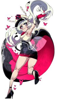 Rule 34 | 1girl, adfree.exe, artist request, black shoes, black skirt, breasts, bug, butterfly, closed mouth, commentary, english commentary, fang, gloves, grey eyes, hair ornament, hat, high heels, highres, insect, long hair, pink butterfly, pink gloves, power symbol-shaped pupils, power symbol hair ornament, second-party source, shirt, shoes, skin fang, skirt, sleeveless, sleeveless shirt, socks agency, solo, symbol-shaped pupils, virtual youtuber, white hair, white hat