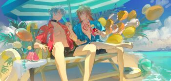 2boys absurdres antenna_hair arm_tattoo balloon beach black_choker black_shorts blonde_hair blue_eyes blue_shirt blue_sky braid chest_tattoo choker cup facial_tattoo figure_four_sitting floral_print_shirt food fruit gradient_hair hashtag-only_commentary highres holding holding_cup holding_food holding_popsicle honkai:_star_rail honkai_(series) looking_at_another male_focus medium_hair multicolored_hair multiple_boys mydei_(honkai:_star_rail) open_clothes open_shirt parted_bangs phainon_(honkai:_star_rail) pink_shirt popsicle red_hair red_tattoo shirt shiyi1314 short_hair shorts side_braid sitting sky tattoo watermelon watermelon_slice white_hair yellow_eyes