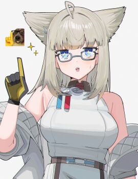 Rule 34 | 1girl, arknights, blue eyes, blush, breasts, buck teeth, dress, glasses, grey-framed eyewear, grey background, grey hair, grey jacket, highres, index finger raised, jacket, long hair, looking at viewer, medium breasts, off shoulder, open clothes, open jacket, open mouth, perlica (arknights), semi-rimless eyewear, simple background, sleeveless, sleeveless dress, spam (spamham4506), sparkle, sweat, teeth, under-rim eyewear, white dress