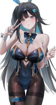 1girl absurdres animal_ears bare_shoulders black_hair black_pantyhose blue_nails blush breasts cleavage closed_mouth colored_inner_hair commentary commission covered_navel cowboy_shot dice dice_earrings earrings english_commentary fake_animal_ears green_eyes hands_up highleg highleg_leotard highres jewelry large_breasts leotard long_hair looking_at_viewer monegi multicolored_hair nail_polish original pantyhose pixiv_commission playboy_bunny rabbit_ears solo thighband_pantyhose thighs v wrist_cuffs