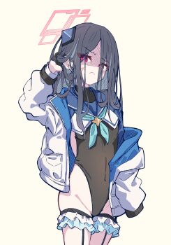 1girl absurdly_long_hair absurdres anger_vein aqua_halo aqua_neckerchief black_hair blue_archive blue_shrug commentary_request cosplay covered_navel frilled_thigh_strap gloves green_halo hair_between_eyes half_gloves halo halter_leotard halterneck hand_in_own_hair heattech_leotard highleg highres jacket kanikama_acedia kei_(blue_archive) leotard long_hair long_hair_between_eyes looking_at_viewer multicolored_jacket neckerchief rectangular_halo ringed_eyes shimiko_(blue_archive) shimiko_(blue_archive)_(cosplay) shrug_(clothing) solo super_highleg thigh_strap turtleneck two-tone_jacket very_long_hair white_jacket