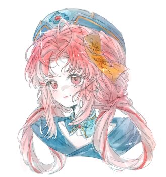 1girl absurdres blue_collar blue_hanfu blue_hat brown_eyes chinese_clothes chinese_commentary closed_mouth collar commentary_request cropped_shoulders detached_collar eyelashes floral_print hair_rings hanfu happy hat highres infinity_nikki jiangshi_costume lipstick long_hair looking_ahead makeup mandarin_collar messy_hair nighttime_whisper_(infinity_nikki) nikki_(nikki) nikki_(series) ofuda ofuda_on_head parted_bangs pink_hair pink_lips print_headwear qingdai_guanmao qingqing_duyi sidelocks simple_background smile solo sparkle sparkling_eyes white_background