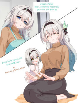 2girls absurdres alternate_costume black_hairband black_skirt breasts commentary english_commentary firefly_(honkai:_star_rail) gradient_hair green_hair grey_hair hair_between_eyes hair_ornament hairband highres honkai:_star_rail honkai_(series) if_they_mated loli long_hair long_sleeves looking_at_viewer maxwelzy medium_breasts mother_and_daughter multicolored_hair multiple_girls open_mouth pants pink_eyes shirt simple_background skirt smile white_background white_shirt yellow_eyes