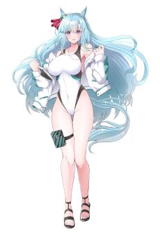 Rule 34 | 1girl, :d, animal ears, aqua hair, black sandals, book, braid, breasts, collarbone, commentary request, crown braid, ear ornament, full body, hair between eyes, highleg, highleg one-piece swimsuit, highres, holding, holding book, horse ears, horse girl, horse tail, jacket, kentan (kingtaiki), large breasts, long hair, long sleeves, looking at viewer, mejiro ardan (umamusume), off shoulder, one-piece swimsuit, open mouth, purple eyes, sandals, simple background, smile, solo, standing, swimsuit, tail, thigh strap, umamusume, very long hair, whistle, whistle around neck, white background, white jacket, white one-piece swimsuit