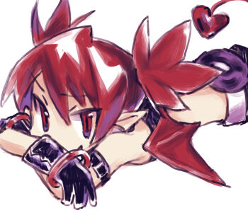 1girl black_gloves choppy_bangs commentary_request demon_girl demon_tail demon_wings disgaea etna_(disgaea) gloves hair_between_eyes looking_at_viewer lying okubatomaeba on_stomach pointy_ears red_eyes red_hair short_hair short_twintails simple_background sketch slit_pupils solo tail tsurime twintails white_background wings