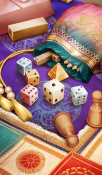 commentary_request cube d4_(die) dice fate/grand_order fate_(series) no_humans object_focus official_art polyhedral_dice pouch still_life tassel tatsuyo tetrahedron third-party_source