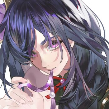 1girl absurdres armor blue_pupils blunt_bangs chinese_commentary close-up closed_mouth clothing_cutout commission fan_hair_ornament flower flower_ornament gem genshin_impact hair_between_eyes hand_up head_tilt highres holding holding_ribbon leaning_forward long_hair looking_at_animal looking_at_viewer looking_to_the_side looking_up mole mole_under_eye mouth_hold multicolored_eyes neck_ribbon off_shoulder pearl_(gemstone) pink_lips purple_eyes purple_flower purple_hair purple_ribbon raiden_shogun red_ribbon ribbon ribbon_in_mouth second-party_source shade shoulder_armor shoulder_cutout simple_background solo suguo25944 upper_body wavy_hair white_background