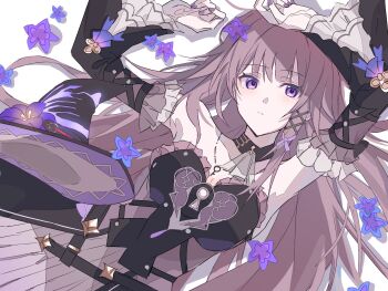 1girl brown_hair den_dendayo flower hair_between_eyes hair_flower hair_ornament hashtag-only_commentary herta_(honkai:_star_rail) highres honkai:_star_rail honkai_(series) jewelry key key_necklace long_hair looking_at_viewer nail_polish necklace no_headwear purple_eyes purple_flower the_herta_(honkai:_star_rail)