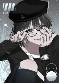 1girl aegyo_sal black_eyes black_hair black_nails black_shirt bracelet commentary_request denim eyeliner glasses han_sooyoung hat highres hinizana jeans jewelry knee_up korean_commentary looking_at_viewer makeup multiple_rings off_shoulder omniscient_reader&#039;s_viewpoint pants ring shirt short_hair smirk solo torn_clothes torn_jeans torn_pants watch wristwatch