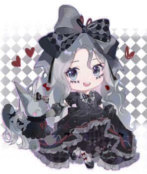 Rule 34 | 1girl, absurdres, argyle background, argyle bow, argyle clothes, argyle dress, black background, black bow, black bowtie, black dress, black hair, black ribbon, black shoes, black wrist cuffs, blue eyes, border, bow, bow legwear, bowtie, chibi, crimson rhapsody (infinity nikki), dress, esseling (infinity nikki), eyelashes, facepaint, felispirit sack (infinity nikki), footwear bow, frilled dress, frilled wrist cuffs, frills, gown, grey bow, grey pantyhose, grey ribbon, hair between eyes, hair bow, hair ribbon, happy, heart, highres, hime lolita, holding hands, infinity nikki, large bow, light blush, lolita fashion, long hair, looking at creature, multicolored ribbon, multiple hair bows, nikki (series), official alternate color, open mouth, outside border, pantyhose, puffy short sleeves, puffy sleeves, red bow, red ribbon, ribbon, shoes, short sleeves, skirt hold, smile, solo, teeth, two-tone background, two-tone bow, two-tone bowtie, upper teeth only, very long hair, wavy hair, white background, white border, white pantyhose, wrist cuffs, yutoutoutoutoutou