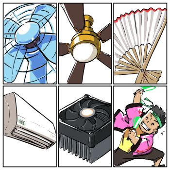 1boy air_conditioner ceiling_fan chart commentary computer_fan electric_fan english_commentary folding_fan glowstick grin hand_fan happi japanese_clothes john_su multiple_drawing_challenge original paper_fan penlight_(glowstick) pun six_fanarts_challenge smile too_literal v-shaped_eyebrows waving_arms