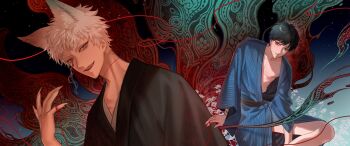 2boys alternate_costume bags_under_eyes black_hair collarbone dichnhi1 eyeliner fingernails highres hikaru_ga_shinda_natsu indou_hikaru japanese_clothes looking_at_another looking_at_viewer makeup male_focus mole mole_on_cheek mole_under_eye mole_under_mouth multiple_boys multiple_moles red_eyeliner scar scar_on_neck sharp_fingernails short_eyebrows short_hair skinny thighs tsujinaka_yoshiki white_hair