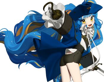 1girl :d absurdres bad_id bad_twitter_id black_shorts blonde_hair blue_hair blue_hat blue_jacket blunt_bangs chizuru_(cizz_ru) clothing_cutout cowboy_shot floating_hair hand_up hat highres holding holding_sword holding_weapon hook_hand jacket long_hair long_sleeves looking_at_viewer looking_back multicolored_hair neck_ribbon open_mouth original outstretched_arm pirate_costume pirate_hat ribbon shirt shorts simple_background smile solo standing streaked_hair sword very_long_hair weapon white_background white_ribbon white_shirt yellow_eyes