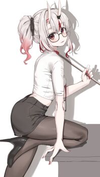 1girl absurdres alternate_costume black_pantyhose black_ribbon black_shoes black_skirt center-flap_bangs commentary cropped_shirt from_side glass gradient_hair grey_hair hair_between_horns hair_ribbon high_heels highres hololive horns looking_at_viewer miniskirt multicolored_hair nail_polish nakiri_ayame oni pantyhose pencil_skirt ponytail red_eyes red_hair red_nails ribbon round_eyewear scarlet_(wv0102) shirt shoes simple_background skin-covered_horns skirt solo streaked_hair symbol-only_commentary virtual_youtuber white_background white_shirt