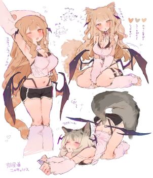 3girls animal_ears black_shorts blonde_hair blush breasts brown_eyes brown_hair bunchi cat_ears cat_girl cat_stretch cat_tail closed_eyes commentary_request demon_wings dolphin_shorts double-parted_bangs grey_hair head_wings heart highres large_breasts long_hair looking_at_viewer midriff multiple_girls navel one_eye_closed open_mouth original panty_straps pink_shirt shirt short_shorts shorts simple_background sitting stretching tail translation_request white_background wings yellow_eyes
