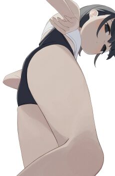 Rule 34 | 1girl, adjusting clothes, adjusting panties, ass, black eyes, black hair, black panties, blush, bra, closed mouth, from below, highres, hiroki (yyqw7151), looking at viewer, looking down, original, panties, short hair, simple background, solo, standing, underwear, white background, white bra