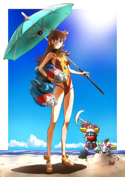 1girl beach beach_umbrella blue_eyes blue_sky breasts brown_hair cloud day grendizer grendizer_(grendizer_u) grendizer_u highres holding holding_weapon horns long_hair looking_at_viewer maria_grace_fleed mazinger_(series) mecha ocean one-piece_swimsuit outdoors robot sand sky smile super_robot swimsuit taiga_hiroyuki ufo_robo_grendizer umbrella water weapon