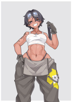 1girl 2023 abs arm_tattoo armored_core armored_core_vi:_fires_of_rubicon baggy_pants bare_shoulders black_gloves black_hair black_pants brand_name_imitation breasts cinder_carla commentary crop_top dark-skinned_female dark_skin dog_tags eyeshadow female_focus gloves goggles goggles_on_head grin head_tilt highres holding holding_tablet_pc legs_apart makeup medium_breasts midriff mole mole_under_eye navel pants purple_eyes purple_eyeshadow shigure1213 shirt short_hair smile solo standing straight-on strap tablet_pc tattoo thighs thong toned toned_female white_shirt