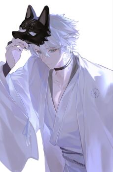 1boy black_choker blue_eyes choker closed_mouth collarbone fox_mask haori highres holding holding_mask honkai:_star_rail honkai_(series) japanese_clothes kimono looking_at_viewer male_focus mask neck_tattoo pectoral_cleavage pectorals phainon_(honkai:_star_rail) sheunsnzh simple_background solo sun_symbol sun_tattoo tan tattoo upper_body white_background white_haori white_kimono wide_sleeves yellow_pupils