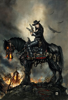 1girl absurdres artist_logo bird black_coat black_hair black_hat black_horse black_pants black_shirt bone burning burning_building celtic_cross church coat cowboy_hat cowboy_western cross cross_earrings crow demon dual_wielding earrings fire from_side glowing glowing_eyes glowing_mouth grey_sky gun hat highres holding holding_gun holding_weapon holster horseback_riding jewelry lady_gunfighter lady_gunfighter_(character) logo long_coat long_hair looking_at_viewer mike_krome open_clothes open_coat pants riding shirt skull sky solo spurs undead weapon