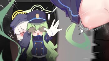 ! &gt;_&lt; 3girls absurdres aoba_(blue_archive) belt beret black_belt black_hat black_jacket black_skirt blonde_hair blue_archive blue_hat blue_jacket blush brown_gloves buttons closed_mouth covered_eyes covering_another&#039;s_eyes double-breasted flying_sweatdrops gen_(unzzenasd) gloves green_hair green_halo halo hands_up hat highres hikari_(blue_archive) implied_sex jacket loli long_hair long_sleeves looking_at_viewer medium_hair multicolored_hair multiple_girls navel nozomi_(blue_archive) open_door open_mouth outstretched_arm outstretched_hand peaked_cap pleated_skirt shirt_tucked_in siblings sisters skirt stomach_bulge streaked_hair triangle_mouth twins twintails very_long_hair walk-in white_gloves yellow_halo
