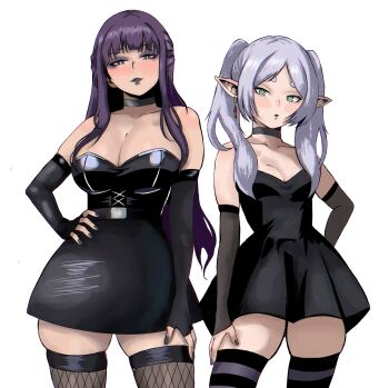 2girls alternate_costume bare_shoulders black_choker black_dress black_eyeshadow black_lips blunt_bangs breasts choker cleavage closed_mouth collarbone dress ear_piercing earrings elf enji_masterpie eyeshadow face_piercing fern_(sousou_no_frieren) fishnet_sleeves fishnet_thighhighs fishnets floating_earrings frieren goth_fashion green_eyes highres jewelry lace lace_sleeves large_breasts long_hair long_sleeves looking_at_viewer makeup multiple_girls nail_polish parted_bangs parted_lips piercing pointy_ears purple_eyes purple_hair purple_pupils sidelocks simple_background smile sousou_no_frieren straight_hair strapless striped_clothes striped_thighhighs teardrop_earrings thighhighs twintails white_background white_hair