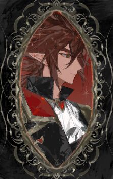 1boy absurdres alternate_costume anmicius aotu_world ascot black_jacket brooch brown_hair chinese_commentary closed_mouth from_side green_eyes hair_between_eyes high_collar highres jacket jewelry liaoxiaoyan0919 long_hair male_focus picture_frame pointy_ears profile solo sparkle upper_body white_ascot