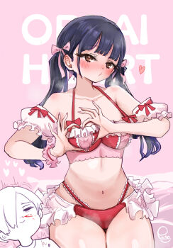 1boy 1girl bikini black_hair blood blush boku_no_kokoro_no_yabai_yatsu breasts brown_eyes commentary_request covered_erect_nipples detached_sleeves frilled_bikini frills heart heart-shaped_boob_challenge heart_hands highres ichikawa_kyoutarou large_breasts large_variant_set long_hair looking_at_viewer navel nosebleed official_alternate_costume paso pink_background puckered_lips red_bikini ribbon solo_focus swimsuit variant_set yamada_anna