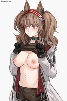 1girl :/ angelina_(arknights) animal_ears arknights averting_eyes black_collar black_gloves black_shorts blush breasts breasts_out brown_hair clothes_lift coat collar commentary dootmoon english_commentary flashing fox_ears fox_girl gloves groin hairband highres infection_monitor_(arknights) jacket long_sleeves medium_breasts multicolored_hairband navel nipples open_clothes open_coat open_jacket presenting_own_body presenting_own_breasts red_eyes red_hairband red_jacket shirt_lift short_shorts shorts simple_background solo stomach striped_clothes striped_hairband twintails two-tone_hairband white_background white_coat