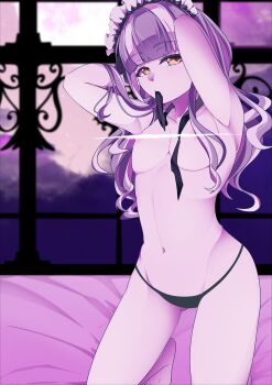 1girl absurdres arms_up bang_dream! barefoot bed black_panties breasts censored commentary headdress highres kneeling long_hair medium_breasts mouth_hold multicolored_hair navel nyubara_reona panties ribbon ribbon_in_mouth ryo_yanakasa solo stomach two-tone_hair underwear variant_set yellow_eyes