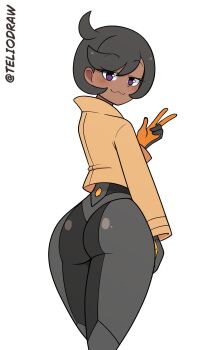 1girl :3 absurdres ass black_hair bodysuit cowboy_shot curvy dark-skinned_female dark_skin emma_(pokemon) highres huge_ass jacket looking_at_viewer looking_back nintendo pokemon pokemon_legends:_z-a purple_eyes shiny_clothes short_hair smile solo tagme teliodraw v white_background wide_hips