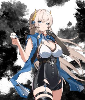 1girl absurdres artist_request bird blue_eyes braid breasts cleavage closed_mouth commission cosplay elbow_gloves fingerless_gloves gloves hair_ornament highres hikanari_hina long_hair phase_connect single_elbow_glove solo thigh_strap virtual_youtuber wing_hair_ornament yixuan_(zenless_zone_zero) yixuan_(zenless_zone_zero)_(cosplay) zenless_zone_zero