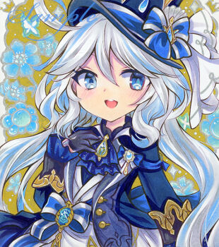 1girl :d ascot blue_ascot blue_bow blue_eyes blue_flower blue_hat blue_jacket bow flower furina_(genshin_impact) genshin_impact gloves hair_between_eyes hand_up hat jacket long_hair long_sleeves looking_at_viewer marker_(medium) open_mouth rui_(sugar3) sample_watermark smile solo traditional_media upper_body watermark white_hair