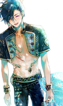 Rule 34 | 1boy, ^ ^, abs, akuma shitsuji to kuroi neko, aqua hair, asymmetrical bangs, belt, black jacket, black pants, black wrist cuffs, buttons, closed eyes, cropped jacket, cross, cross earrings, double-breasted, earrings, facing viewer, gem, gold trim, hair between eyes, hair over one eye, haures clifford, head tilt, highres, holding, jacket, jewelry, lapels, light blush, male focus, navel, nonoko (meg36544), open mouth, pants, purple gem, scar, short hair, short sleeves, single earring, smile, solo, stitched, stomach tattoo, tattoo, third-party edit, topless male, white background, wind, wrist cuffs