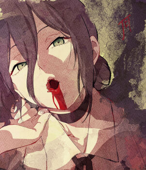 1girl black_choker black_hair black_ribbon blood blood_from_mouth chainsaw_man choker collared_shirt commentary_request green_eyes hair_between_eyes hair_bun highres jet_yowatari looking_at_viewer neck_ribbon open_mouth reze_(chainsaw_man) ribbon shirt solo white_shirt