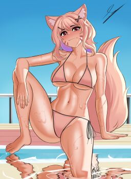 1girl absurdres animal_ears bikini blonde_hair blue_sky breasts cat_ears cat_girl cat_tail facial_mark feet hair_ornament highres indie_virtual_youtuber large_breasts legs lumpystilskin52 pink_eyes pool shyrei_faolan sky swimsuit tail thighs virtual_youtuber water wet whisker_markings x_hair_ornament