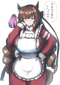 1girl absurdres animal_ears apron aqua_eyes blush breasts brown_hair commentary_request drill_hair ear_ornament frills hair_between_eyes hair_ornament hand_on_own_hip heart highres holding horse_ears horse_girl horse_tail jacket jersey jersey_maid kanikama25 large_breasts long_hair long_sleeves looking_to_the_side maid maruzensky_(umamusume) puffy_sleeves simple_background smile speech_bubble star_(symbol) tail track_jacket track_suit translation_request turtleneck umamusume unconventional_maid