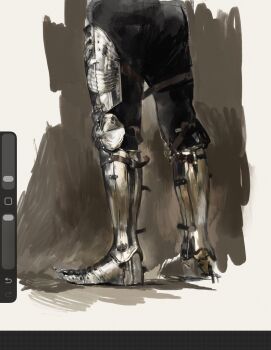 ambiguous_gender armor art_program_in_frame black_pants commentary english_commentary feet foot_focus greaves highres knight original pants pigsbliss standing white_background