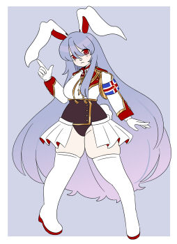 Rule 34 | 1girl, alternate costume, angelicobituary, animal ears, animal nose, black panties, black shirt, blue background, blue hair, boots, breasts, brooch, check clothing, closed mouth, clothing request, commentary, crescent, english commentary, flag armband, frown, gloves, gold trim, gradient hair, hair between eyes, highres, icelandic flag, jewelry, large breasts, long hair, long sleeves, military uniform, multicolored hair, panties, pleated skirt, pointing, pointing up, purple hair, rabbit ears, rabbit girl, red eyes, red trim, reisen udongein inaba, shirt, shoulder guard, simple background, skirt, skirt cutout, solo, swept bangs, thick thighs, thigh boots, thighhighs, thighs, touhou, two-tone shirt, underwear, very long hair, white boots, white gloves, white skirt, zettai ryouiki