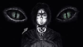 Rule 34 | 1boy, absurdres, alternate form, cloak, dragon, eye focus, facial mark, facing viewer, green eyes, highres, kai (shadow slave), kirara hoshi, looking at viewer, male focus, shadow slave, short hair, slit pupils, spot color