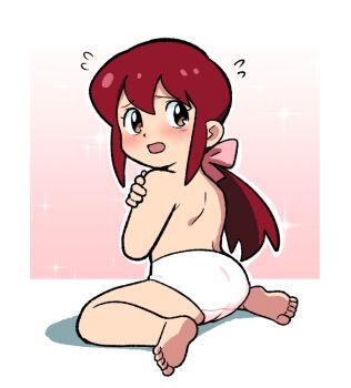 1girl ass barefoot blush brown_eyes covering_breasts covering_privates embarrassed flying_sweatdrops from_behind gradient_background hair_ribbon loli long_hair looking_back low_ponytail open_mouth original panties pink_background pink_panties pink_ribbon ponytail red_hair ribbon sidelocks sitting sparkle sparkle_background topless_female underwear yume_yoroi