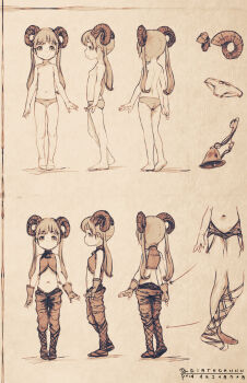 1girl back bell breasts diathorn female_focus fingerless_gloves full_body gloves goat_girl goat_horns highres horns loli looking_at_viewer midriff monochrome monster_girl navel original panties reference_sheet sepia small_breasts smile topless_female twintails twitter_username underwear underwear_only