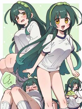 Rule 34 | > <, 1girl, :d, ahoge, artist name, blue buruma, blush, border, breasts, buruma, closed eyes, commentary request, corn kuten, feet out of frame, food, green background, green hair, green hairband, gym shirt, gym uniform, hairband, highres, kneehighs, large breasts, long hair, looking at viewer, mochi, open mouth, outside border, pea pod, ribbed socks, shirt, short sleeves, sitting, smile, socks, spoken squiggle, squiggle, standing, sweatdrop, touhoku zunko, twitter username, voiceroid, watermark, white border, white shirt, white socks, yellow eyes