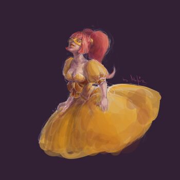 Rule 34 | 1girl, breasts, cthulhu mythos, dress, estir, highres, mask, medium breasts, moodymashroom, pink hair, purple background, solo, sucker for love, twintails, yellow dress, yellow lips