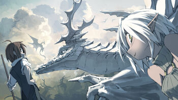 Rule 34 | 1boy, 1girl, ahoge, bare shoulders, brown hair, cloud, cloudy sky, dark skin, dragon, elf, fantasy, glasses, hand on own hip, looking at viewer, original, pointy ears, sharp teeth, short hair, sky, sleeves rolled up, smile, teeth, tsukuba masahiro, white hair, wyvern, yellow eyes