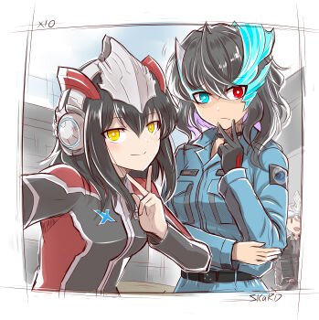 3girls :d absurdres asymmetrical_horns badge belt belt_collar black_belt black_gloves black_hair black_jacket blue_eyes blue_jacket blue_pants border breast_pocket breasts bright_pupils choker closed_mouth collar collared_jacket commentary creator_connection crossed_bangs curled_fingers dorsal_fin expressionless genderswap genderswap_(mtf) ginga_no_kou gloves grey_jumpsuit hair_between_eyes hand_on_own_elbow hand_up headgear headphones heterochromia highres horns humanization insignia inward_v jacket jumpsuit looking_at_viewer medium_breasts medium_hair military_uniform multicolored_jacket multiple_girls name_tag open_mouth outstretched_arm pants pocket reaching reaching_towards_viewer red_eyes red_jacket selfie silver_trim single_glove smile split_mouth storage_uniform straight_hair taguchi_kiyotaka tokusatsu two-tone_jacket ultra_series ultraman_blazar ultraman_blazar_(series) ultraman_x ultraman_x_(series) ultraman_z ultraman_z_(series) upper_body utility_vest v v_over_mouth vest wavy_hair white_border white_hair white_pupils xio_uniform yellow_eyes |_|