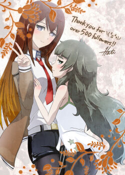 1girl 2girls arm_belt ass belt black_pantyhose black_shorts blunt_bangs blush brown_hair brown_jacket closed_mouth dress_shirt green_eyes green_hair hair_between_eyes hiyajou_maho jacket leaning_on_person lokis-hati long_hair long_sleeves looking_at_viewer makise_kurisu messy_hair multiple_girls necktie pantyhose purple_trim red_necktie science_adventure shirt short_shorts shorts smile solo steins;gate steins;gate_0 tank_top v very_long_hair white_belt white_shirt